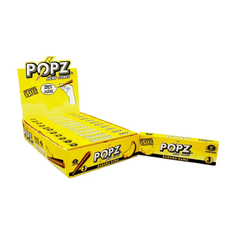 Box of Popz Hemp Cones with a single cone on a white background