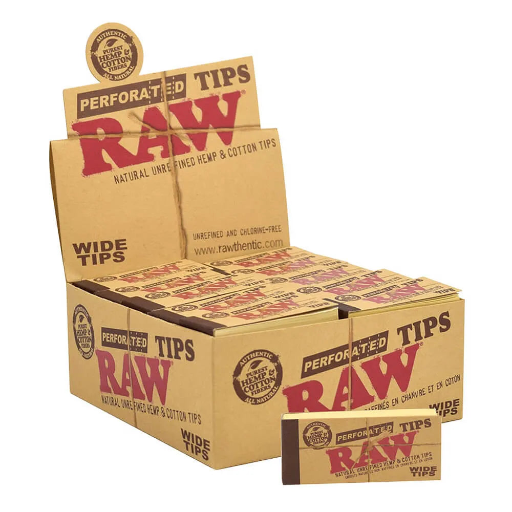 Box of 50 Raw Perforated Tips with branding and text on a white background