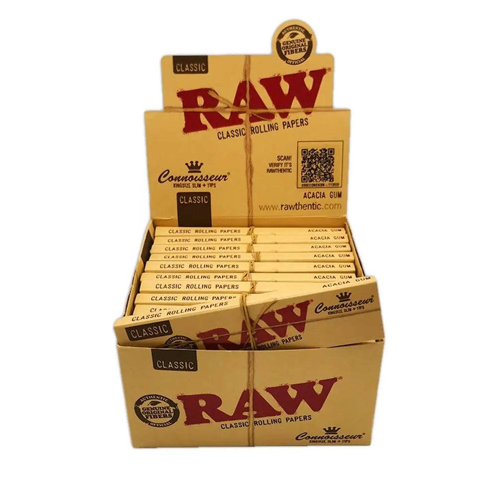 Display box of Raw classic rolling papers on a white background