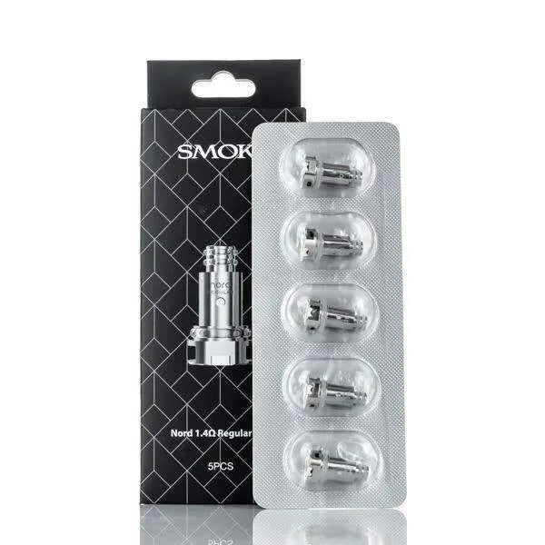Smok Nord brand vape coils packaging with five silver coils in a clear blister pack on a white background.