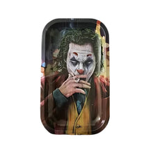 Metal tray with a graphic design of a character smoking a cigarette on a white background