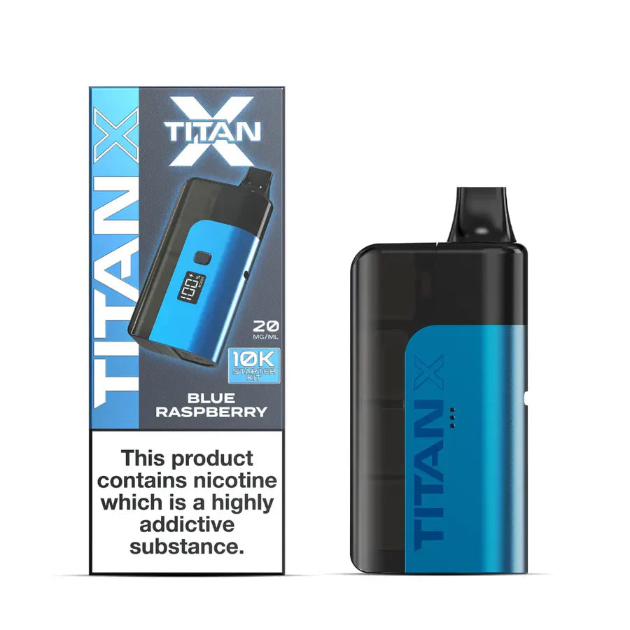 Blue and black TITAN X vaping device with packaging on a white background