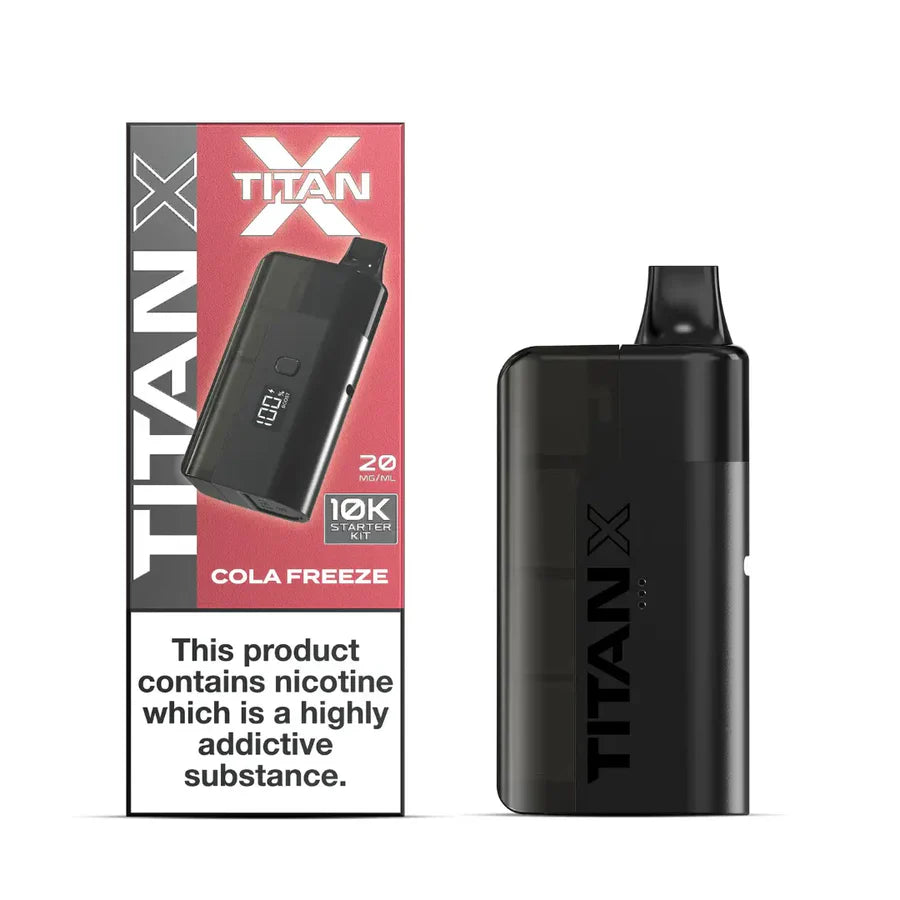 Black Titan X vaping device with packaging on a white background