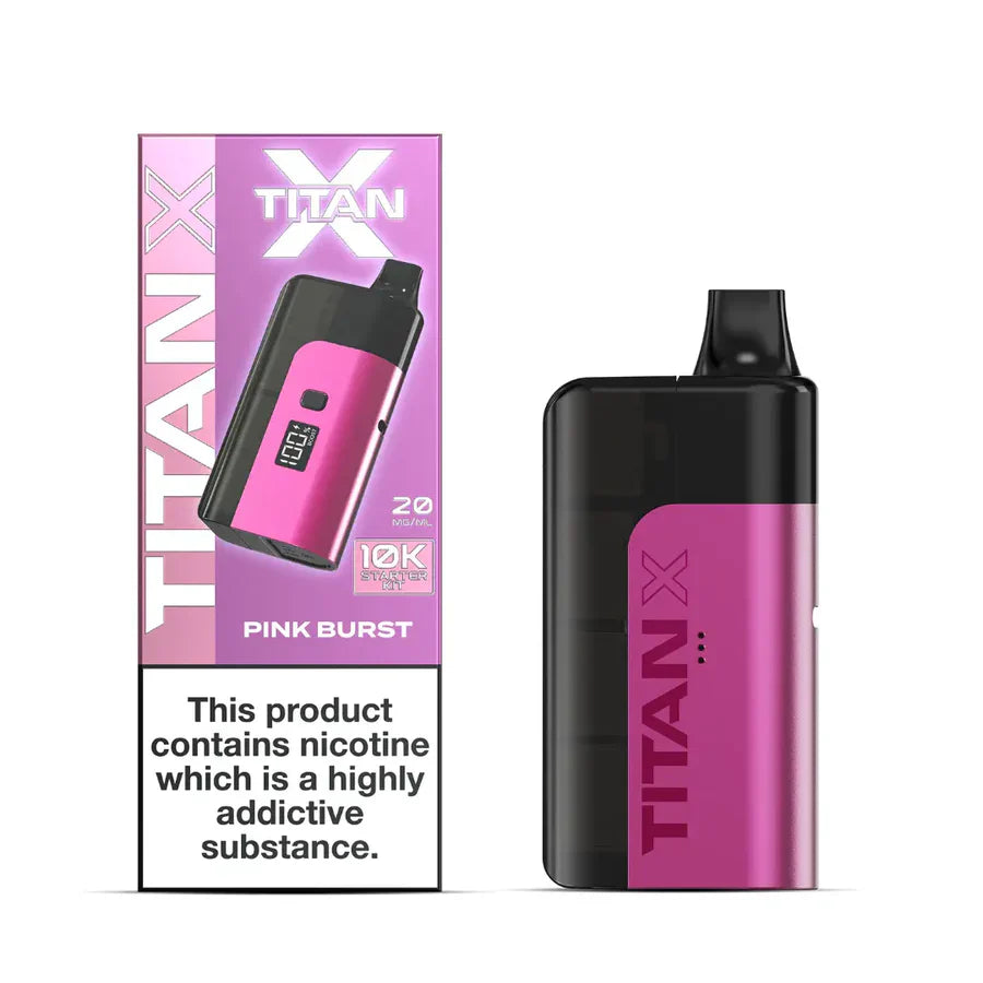 Pink and black TITAN X vaping device with packaging on a white background