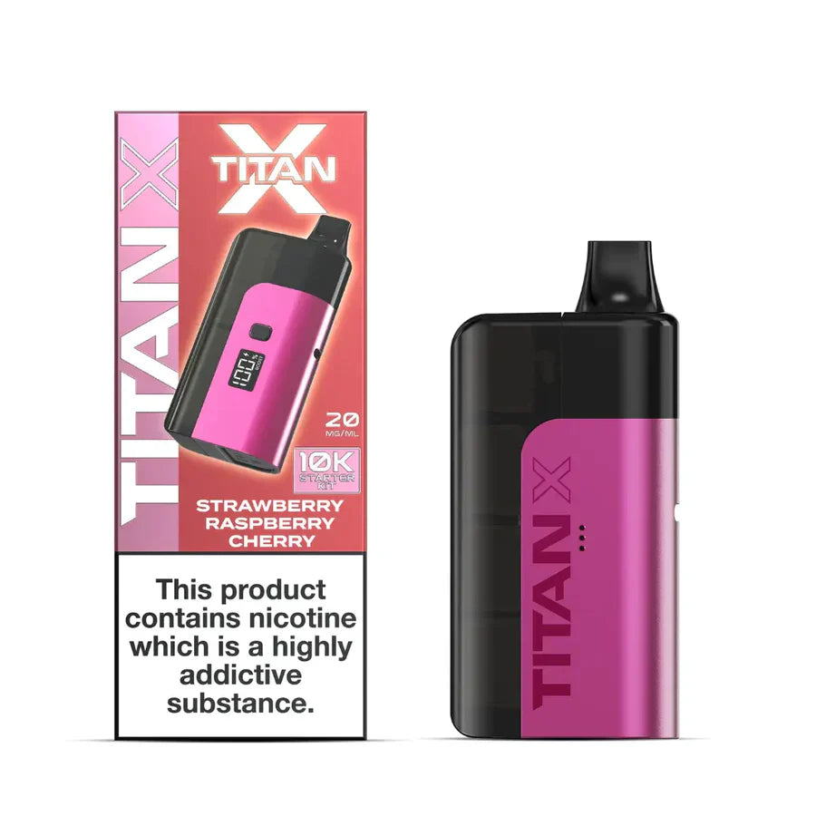 Pink and black TITAN X vaping device with packaging on a white background