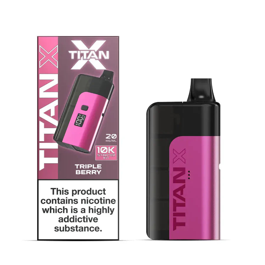 Pink and black Titan X vaping device with packaging on a white background