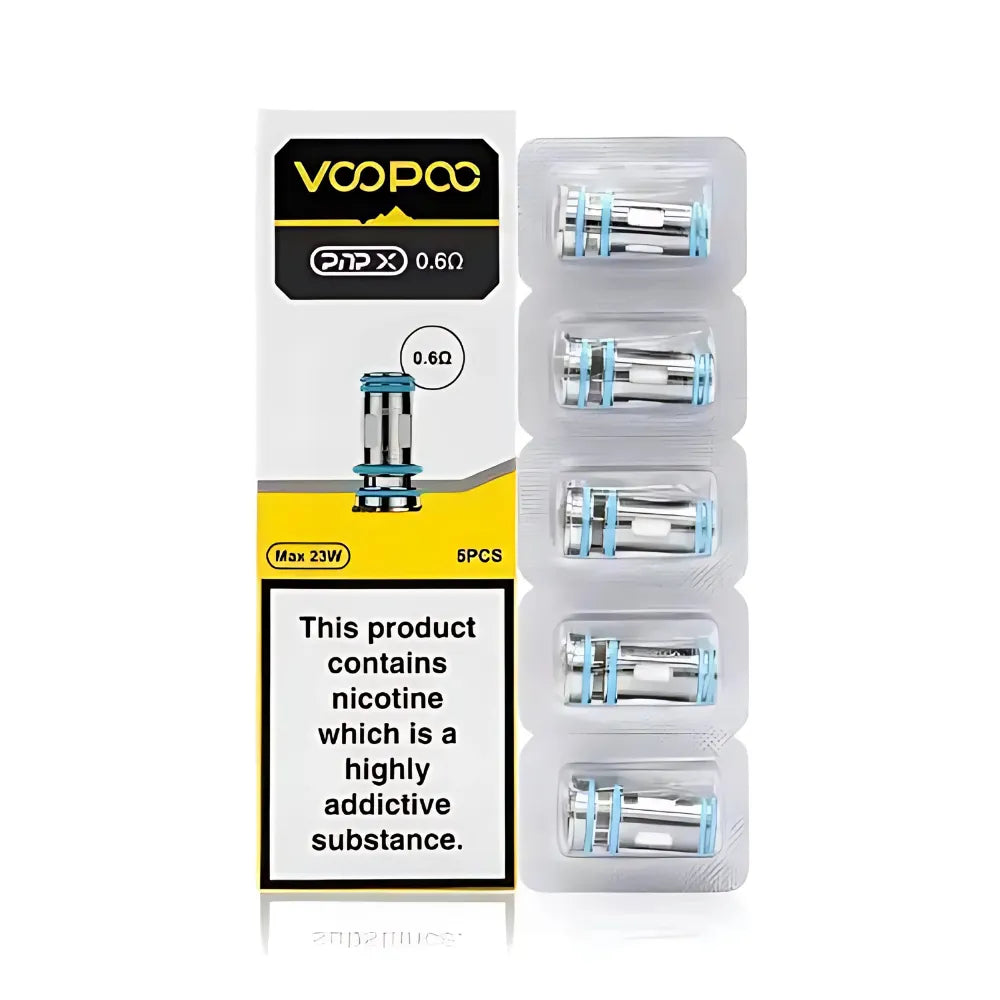 Pack of VooPoo PNP X vape coils with nicotine warning label on a white background