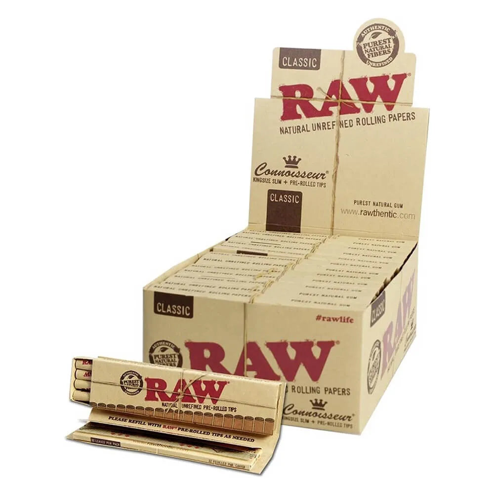 Box of 24 Raw rolling papers with pre-rolled tips packaging on a white background