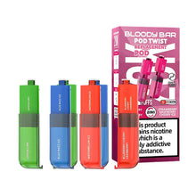 Four colourful vape pods and their packaging on a white background
