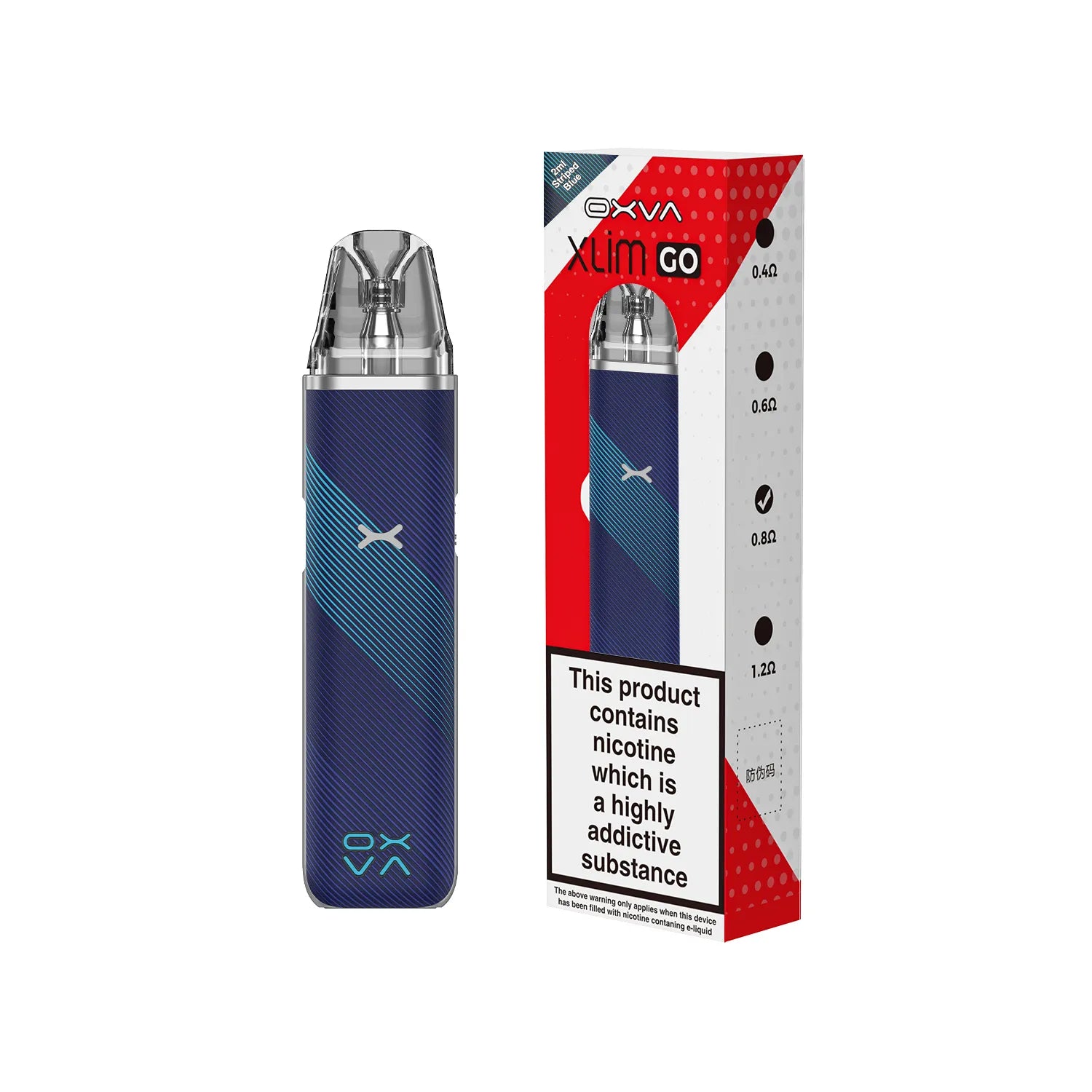 OXVA Xlim go Blue striped vape device with packaging on a white background